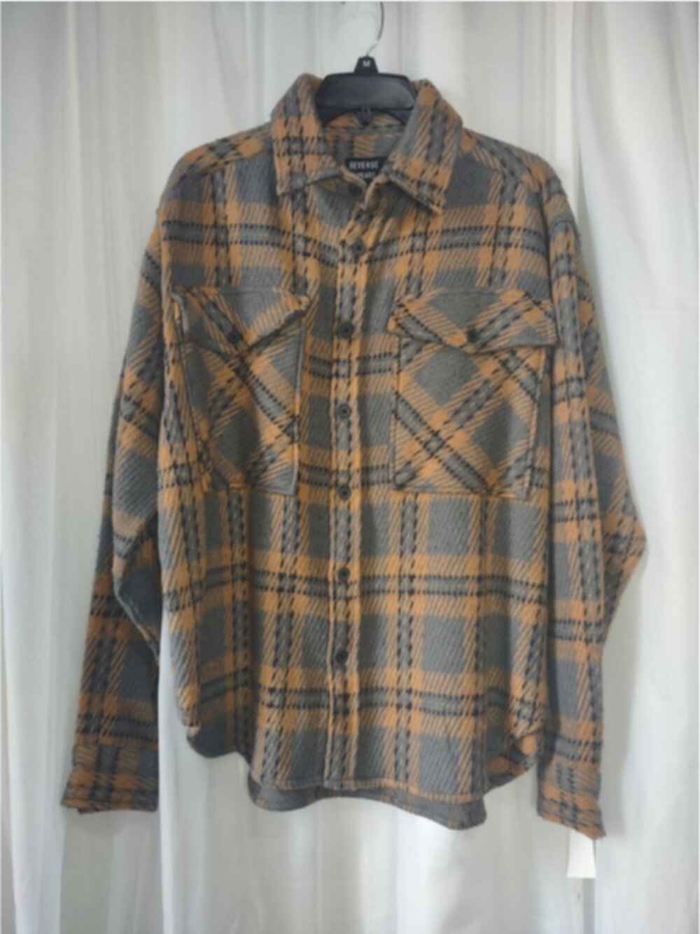 reverse threads tan and grey plaid shirt size M